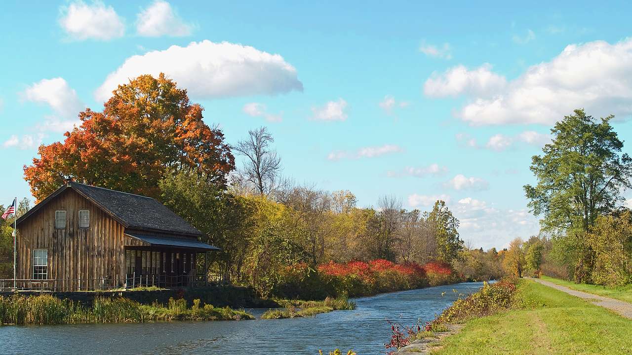 A river near a wooden cabin, trees, and bushes in the fall