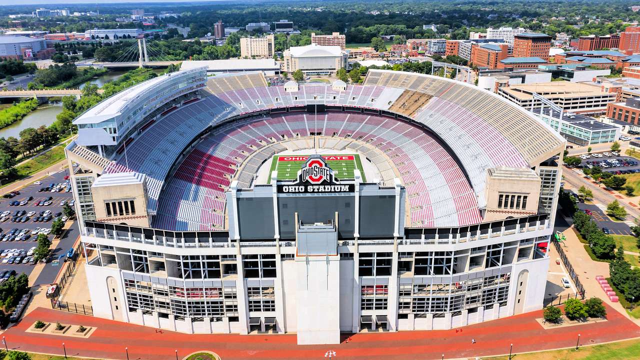 Aerial shot of an empty football stadium with an "Ohio State" sign