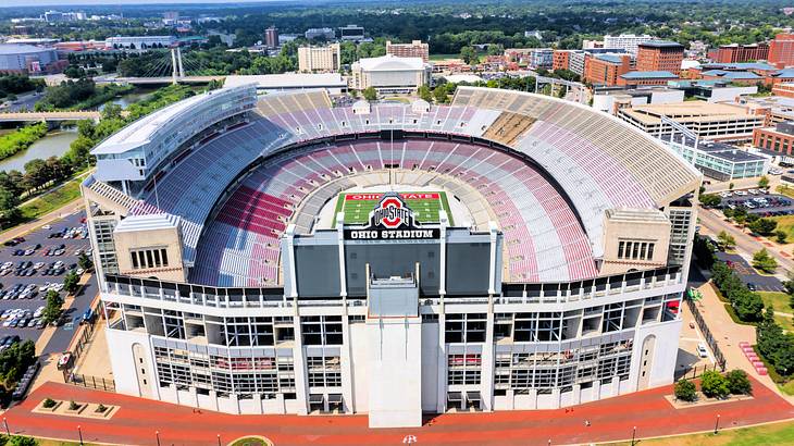 Aerial shot of an empty football stadium with an "Ohio State" sign