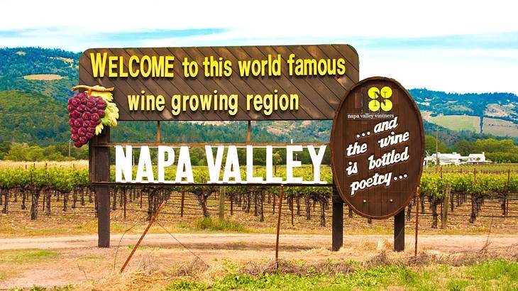 A sign in a vineyard at the start of the Napa Valley wine country