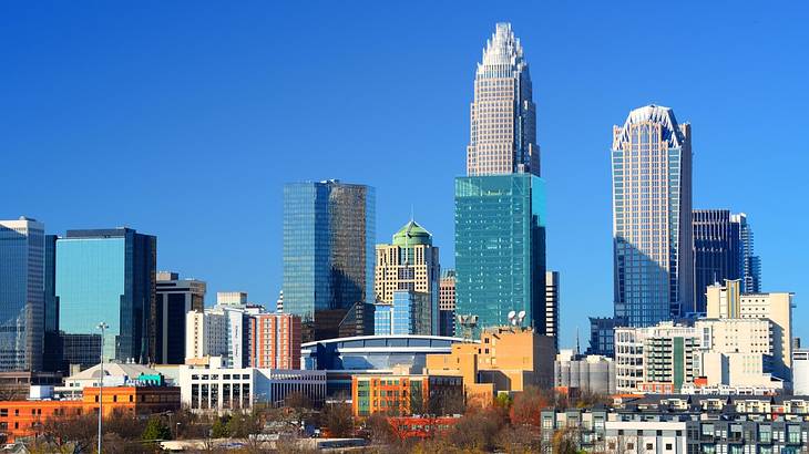 A city skyline with trees in front of it on a clear day