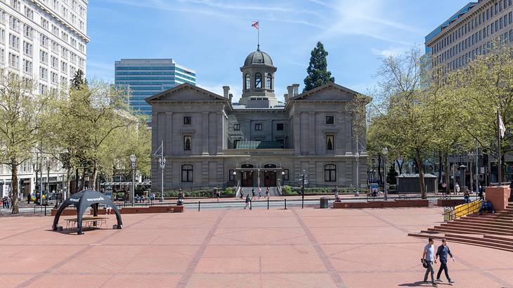 One of many famous landmarks in Portland, Oregon, is Pioneer Courthouse Square