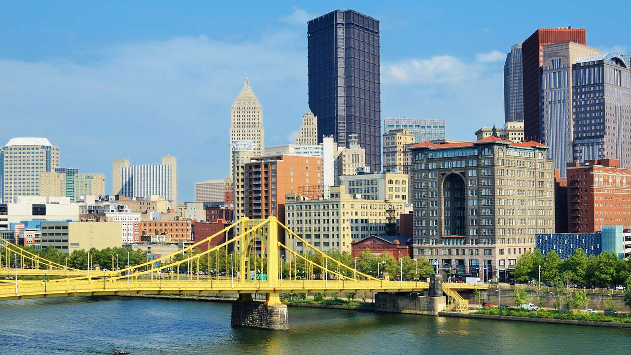 A city skyline and a yellow bridge over a river under a blue sky
