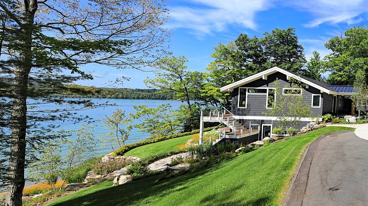 A house with a garden by the lakeside