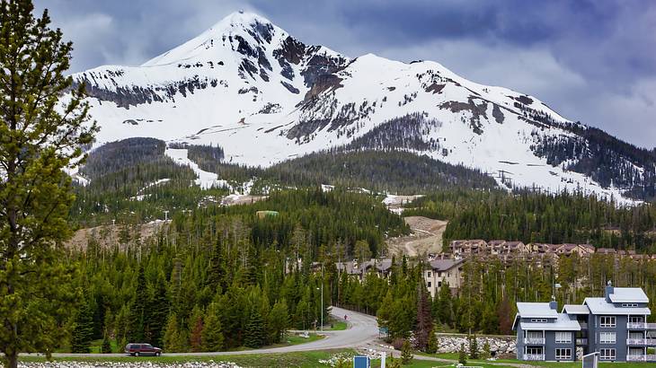 A car on a road, various buildings, and pine trees at the foot of a snowy mountain