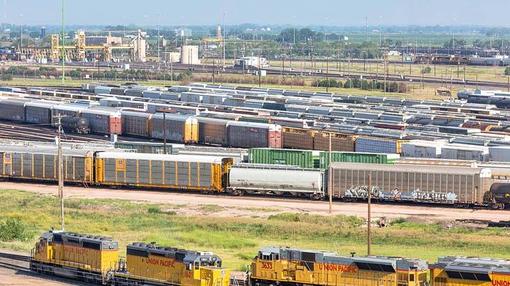 Looking down on a railway yard with trains in it