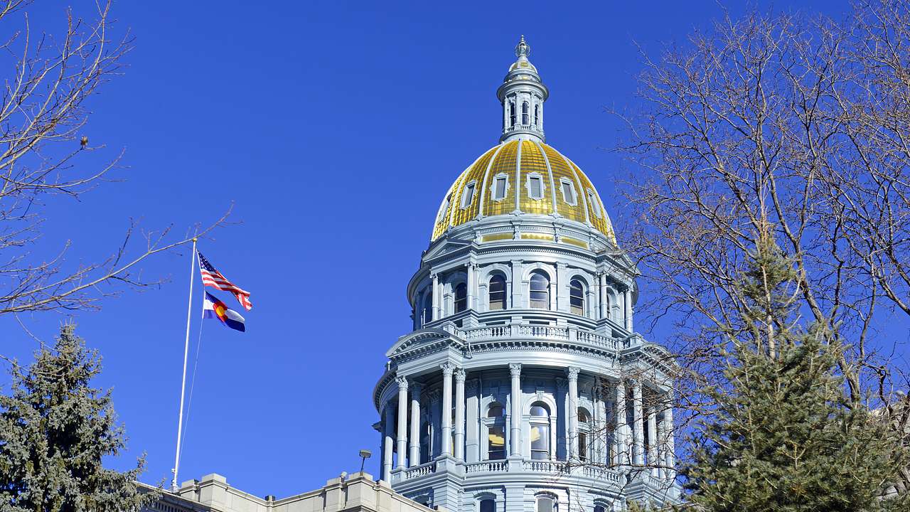 A structure with a gold-dome rotunda under a blue sky amidst trees and flags