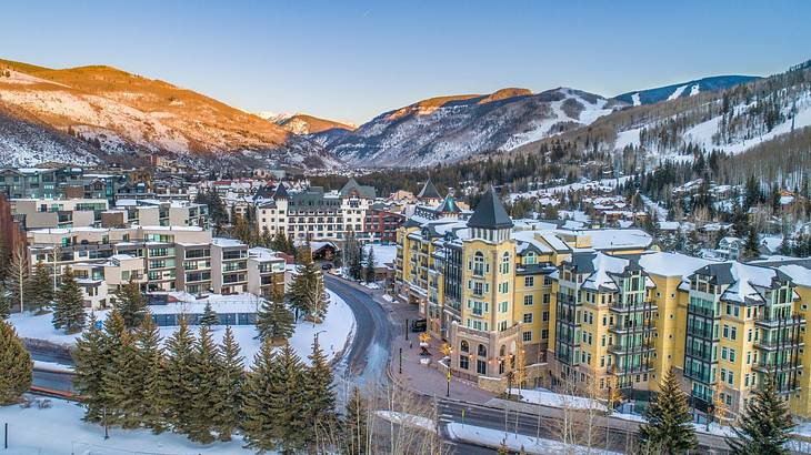 A view over a ski resort with alpine trees, buildings, and snow-covered mountains