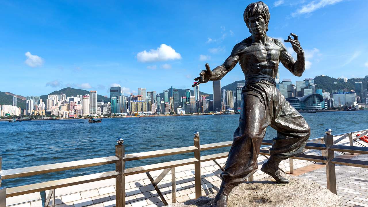 Bruce Lee statue in an area in Hong Kong honoring famous people through statues