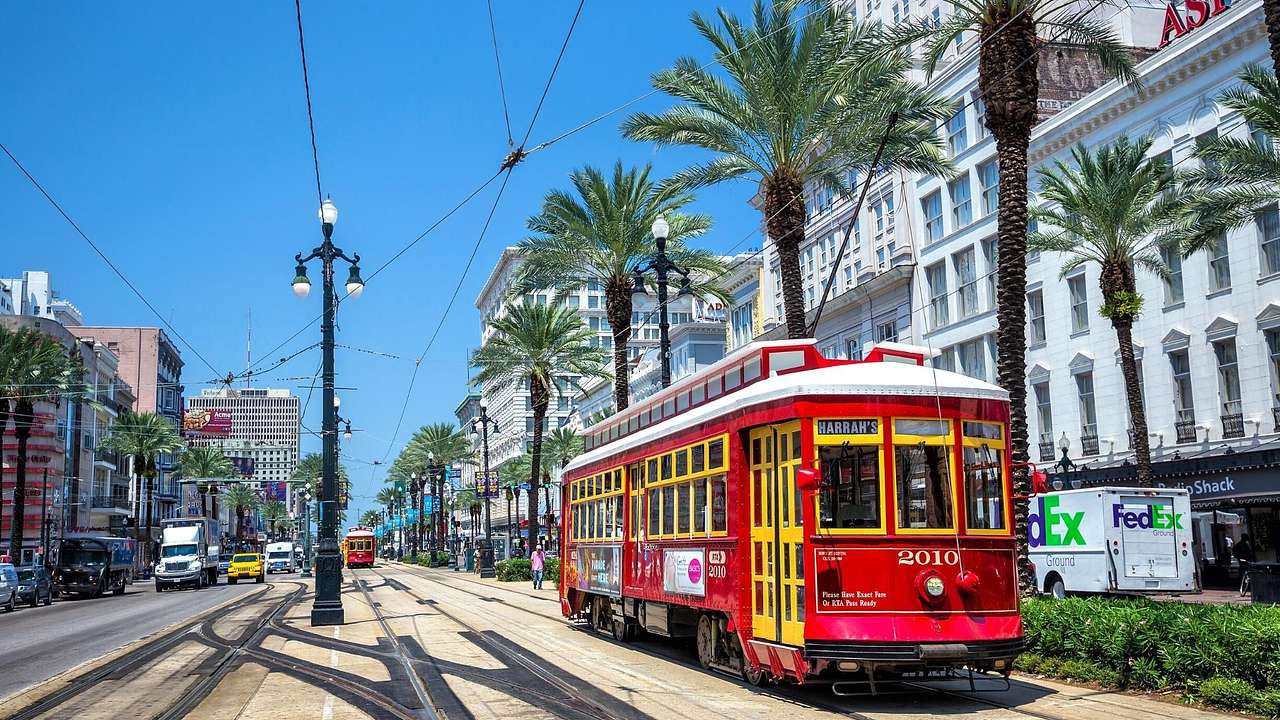 A red cable car on a street lined with palm trees, against a white building