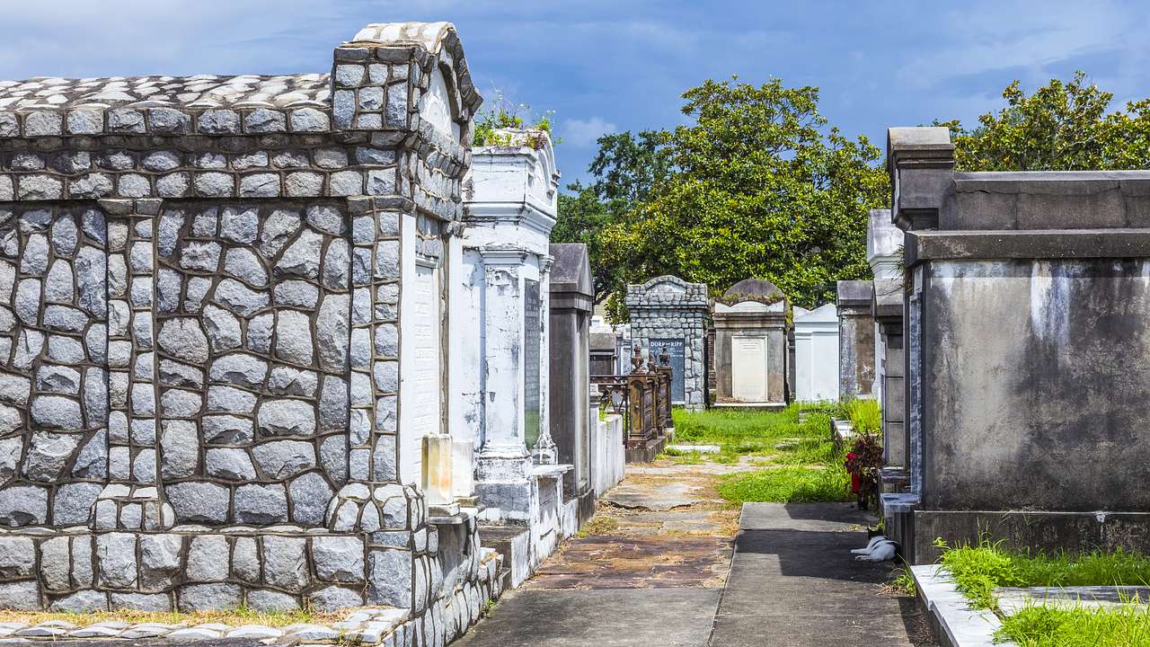 Tombs and gravestones in a cemetery with a path between them
