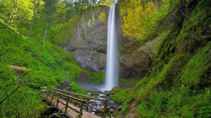 A waterfall flowing into a pool with greenery surrounding it and a bridge in front