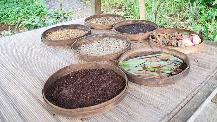 Different pans filled with items involved in the coffee making process