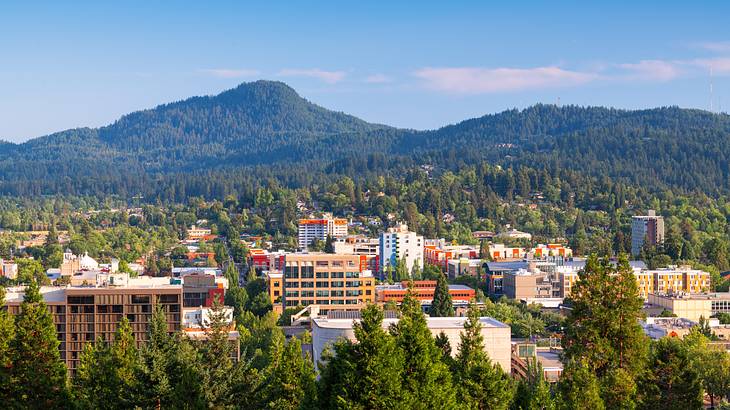 Buildings and skyscrapers surrounded by trees and mountain ranges at the back