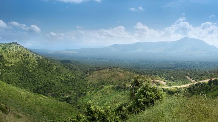 A panoramic view of a hilly green valley on a beautiful day