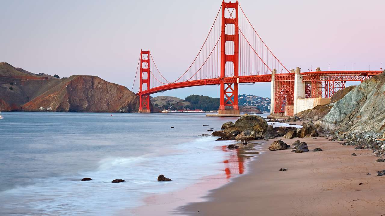 The red Golden Gate Bridge is one of the famous San Francisco landmarks