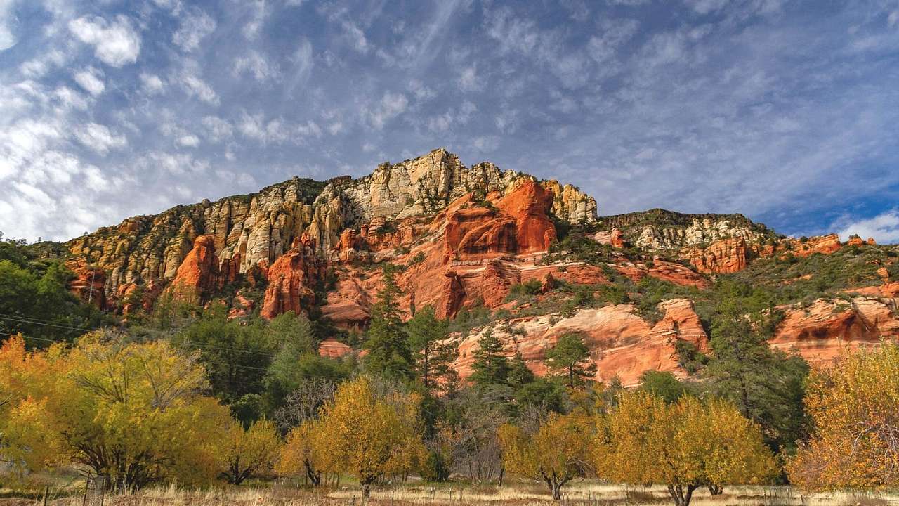 A big red rock formation covered with vegetation and surrounded by trees