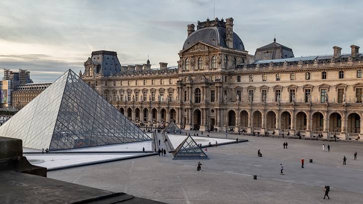 The glass pyramids at the entrance to the Louvre Museum, Paris, France