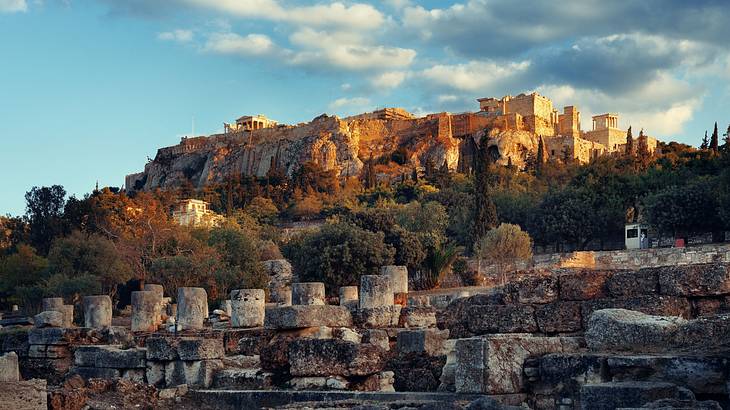 A panoramic shot of Athens with the Acropolis on top of a hill, Greece