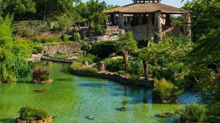 A classical Japanese garden with a pond and a gazebo-style building at the back