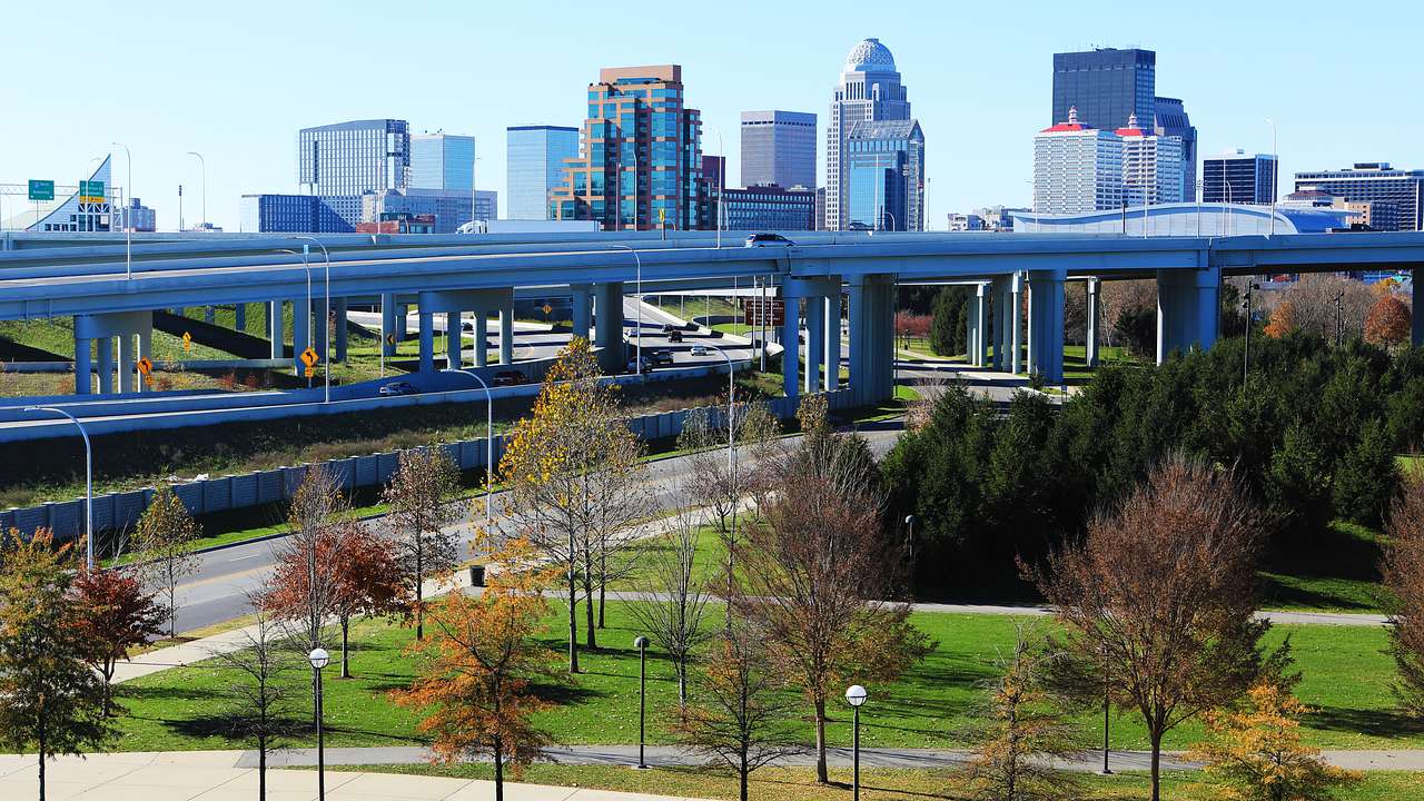 A park with trees in front of a highway with buildings and a clear sky in the back