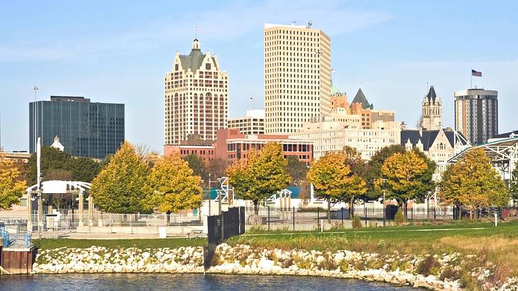 A lake with grass around it and city buildings behind it on a clear day