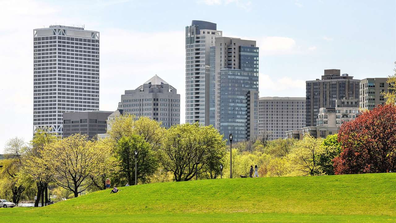 A vast landscaped park with a city skyline in the background