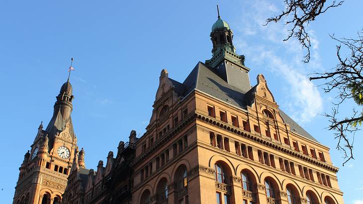 A Flemish-Renaissance-Revival-style structure with a clock tower