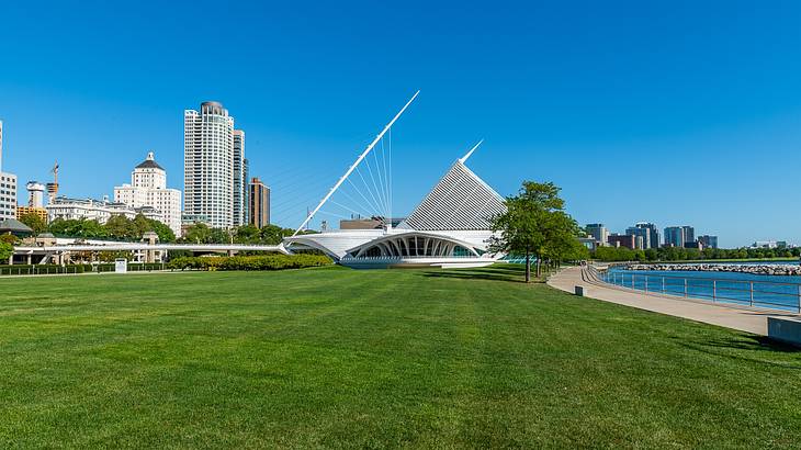 Post-modern structure with a vast lawn in the foreground