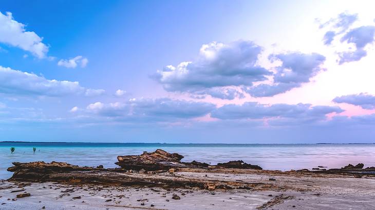 Rocky coastline surrounded by water and a colorful sky at dawn Rocky coastline surrounded by water and a colorful sky at dawn