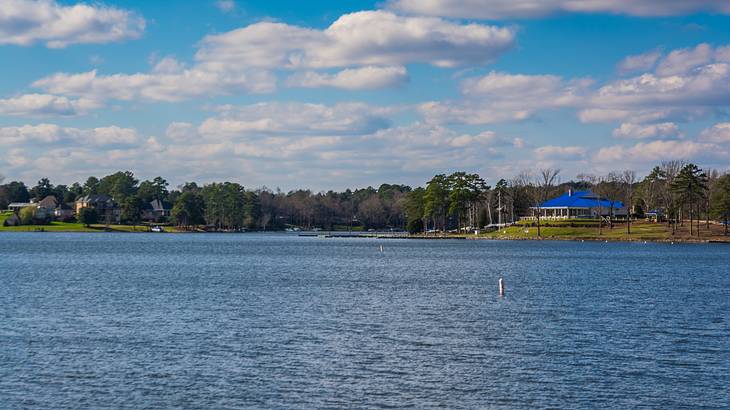 View of a blue-roofed building surrounded by trees from the lake