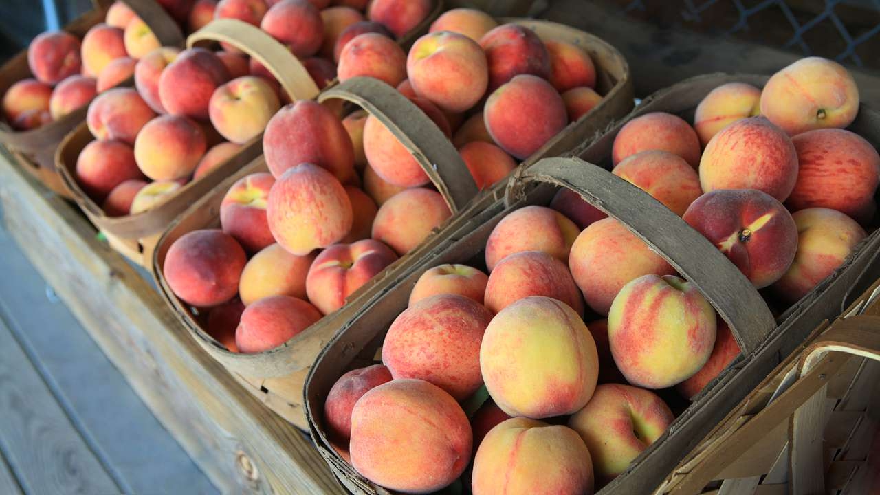 Peaches for sale in wicker baskets