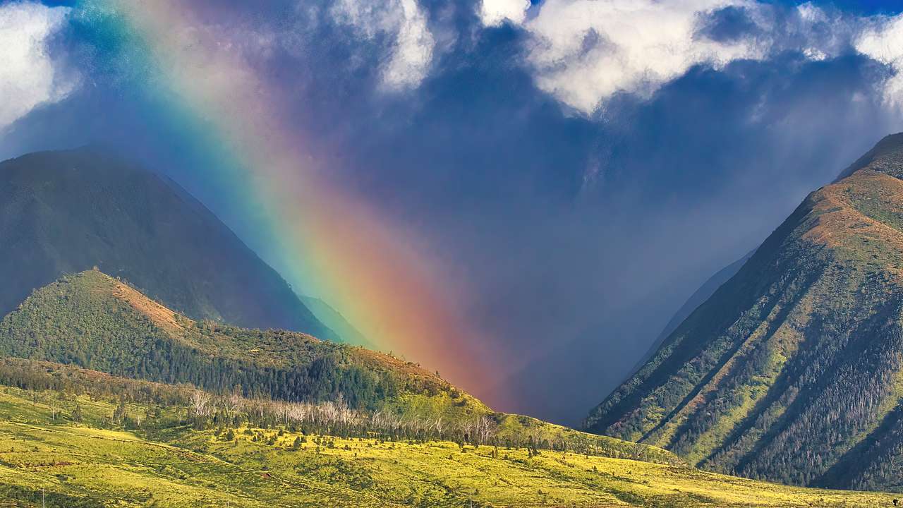 A rainbow over a grassy valley with a greyish-blue sky