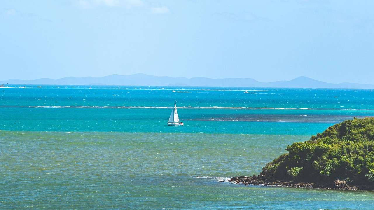 A sailboat on the blue ocean with a greenery-covered hill to the side
