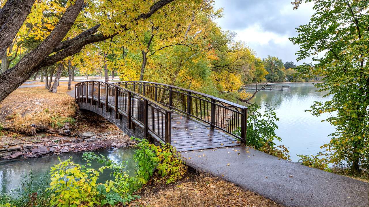 A wooden bridge over a body of water surrounded by trees in autumn colors
