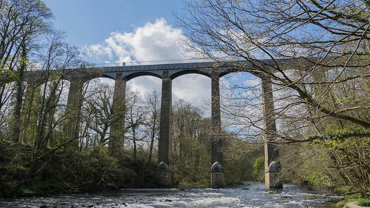 An aqueduct above a rushing river with trees all around An aqueduct above a rushing river with trees all around