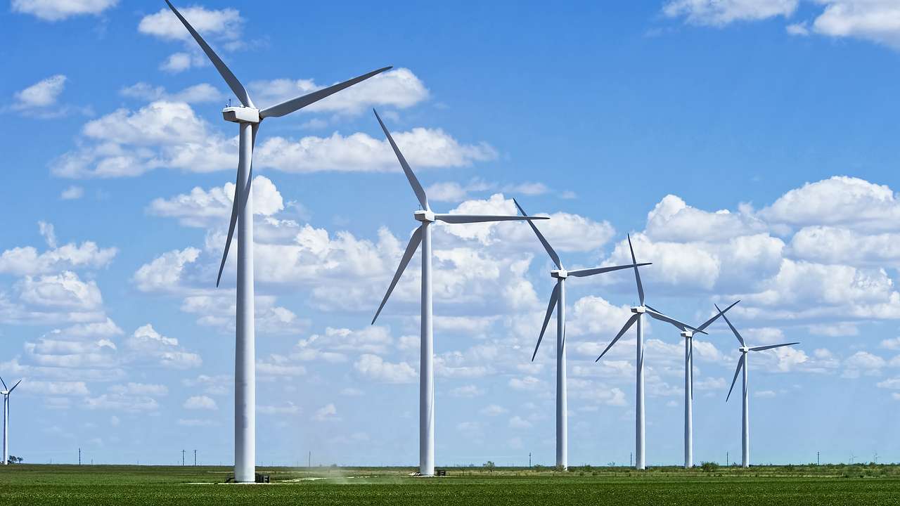A row of white wind turbines in a field of green grass on a nice day