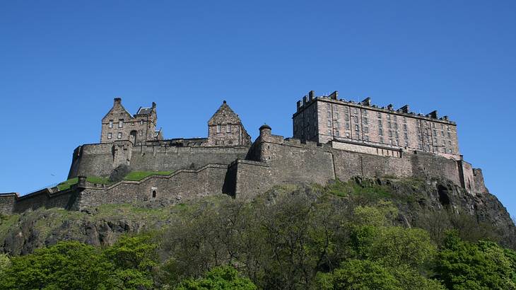 A view of a castle on a hill surrounded by green trees from below A view of a castle on a hill surrounded by green trees from below