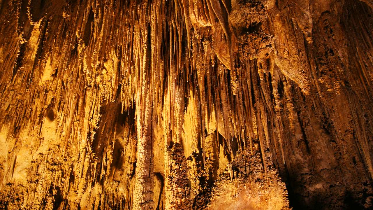Inside a cave, looking at caverns on its roof with yellow lighting