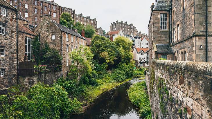 A river flowing through a medieval village surrounded by trees and buildings A river flowing through a medieval village surrounded by trees and buildings