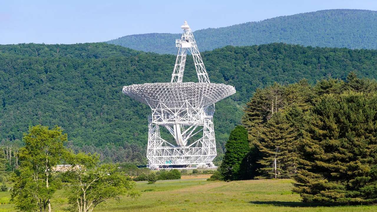 A large white radio telescope sitting on the grass surrounded by trees and hills