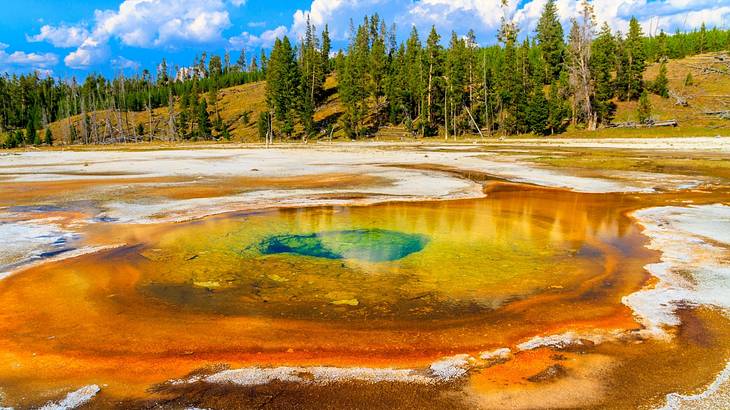 A white, orange, yellow and green colored geyser on a sunny day