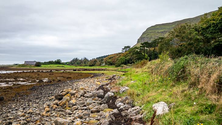 A limestone hill by a rocky coastline filled with greenery