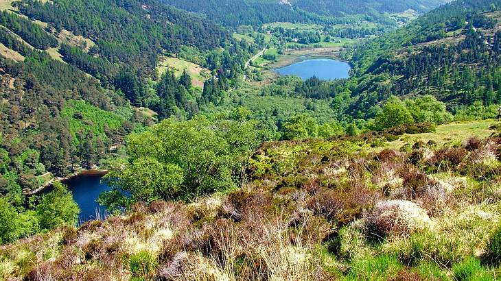 Aerial view of two lakes in a valley of green tree-laden hills