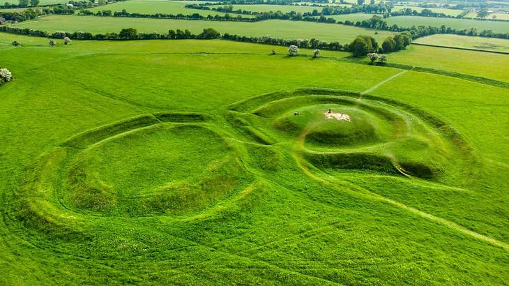 Aerial shot of a green field with circular formations