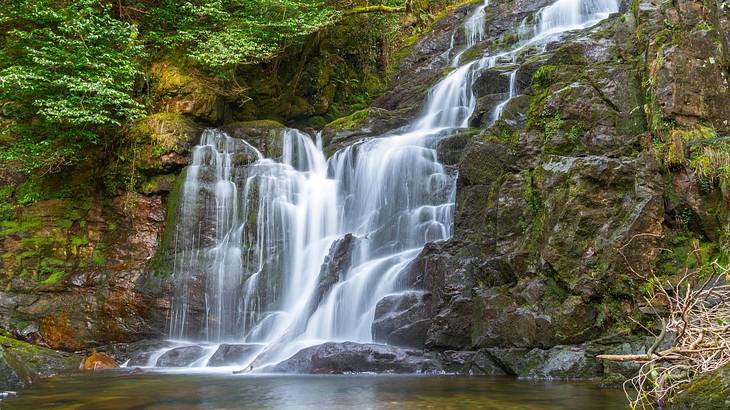 Water rushing down mossy rocks of a cliff into a pool below