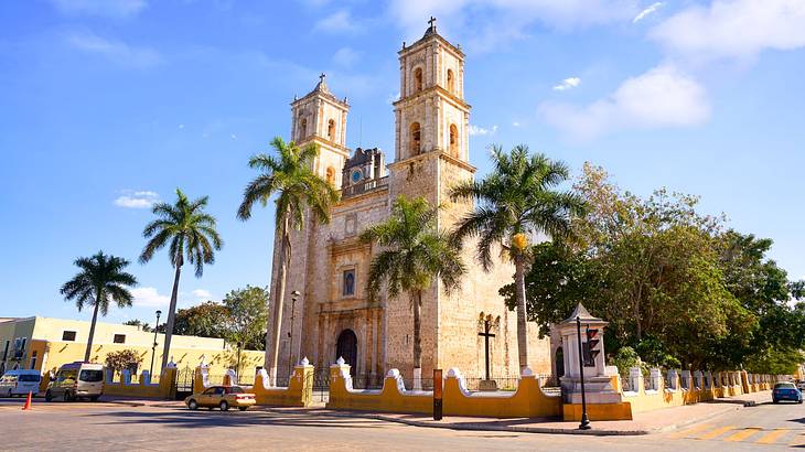 An old church with two towers near palm trees and a road
