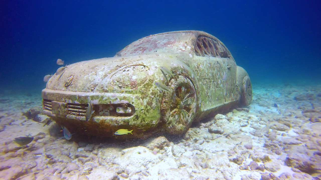 A rusty car with a greenish-brown color underwater with a small yellow fish in front