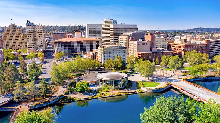 Buildings and trees near a river with walkways over it