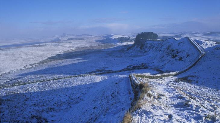Hadrian's Wall on top of a snowy hill is one of the famous English landmarks